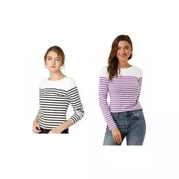 Набор из 2 женских повседневных футболок в полоску с длинными рукавами и цветными блоками ALLEGRA K, цвет Black White Purple
