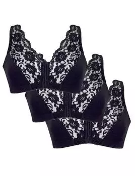 Набор из 3 бюстгальтеров Magic Bra из хлопка с кружевной застежкой спереди Eden House, черный