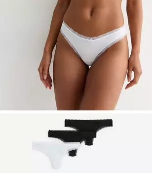 Набор из 3 черно-белых стрингов с кружевной отделкой в рубчик New Look, черный