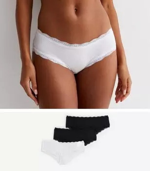 Набор из 3 черных и белых коротких трусов с мягкой кружевной отделкой New Look, черный