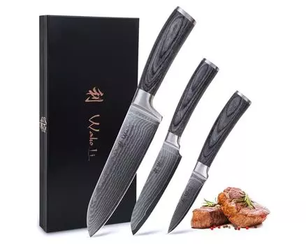 Набор из 3 дамасских ножей Wakoli EDIS I деревянная коробка I лезвие 8-17 см I деревянные ручки Pakka