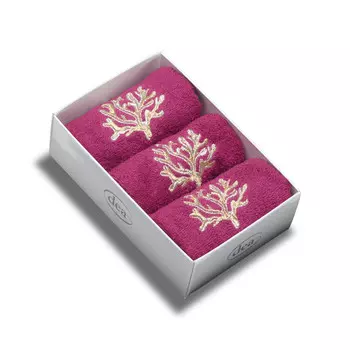 Набор из 3 хлопчатобумажных полотенец с вышивкой - кораллы Dea, цвет Magenta