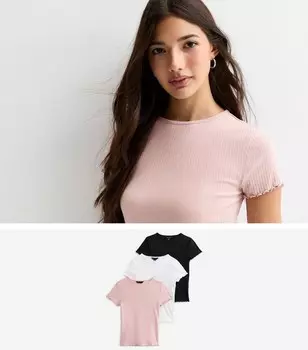 Набор из 3 разноцветных хлопковых футболок в рубчик New Look, черный