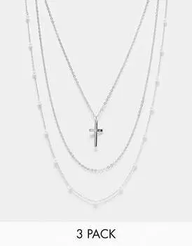 Набор из 3 серебряных ожерелий-цепочек Faded Future с крестиком и жемчужными подвесками