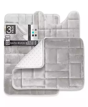 Набор из 3 ультрамягких нескользящих плюшевых ковриков для ванной из пены с эффектом памяти — маленький, большой и контурный — дизайн с плиткой Clara Clark, серебро