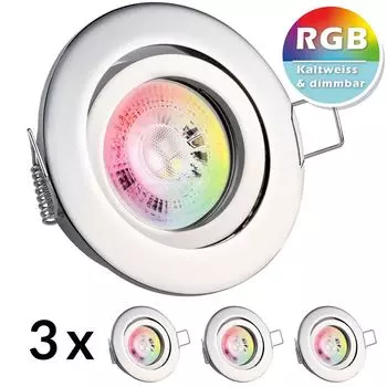 Набор из 3 встраиваемых светодиодных точечных светильников RGB GU10 в хроме со светодиодами LEDANDO мощностью 3 Вт - 11 цветов + холодный белый - вкл. пульт дистанционного управления - с регулируемой яркостью - круглые.