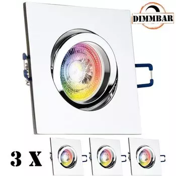Набор из 3 встраиваемых светодиодных точечных светильников RGB GU10 в хроме со светодиодом 3 Вт от LEDANDO - 11 цветов + теплый белый - вкл. пульт дистанционного управления - с регулируемой яркостью - квадратный.