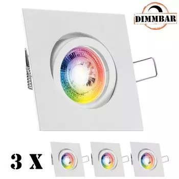 Набор из 3 встраиваемых светодиодных точечных светильников RGB GU10 белого цвета со светодиодами мощностью 3 Вт от LEDANDO - 11 цветов + холодный белый - вкл. пульт дистанционного управления - с регулируемой яркостью - квадратный.