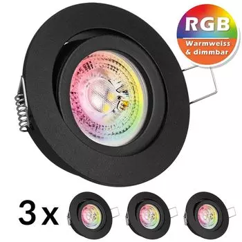 Набор из 3 встраиваемых светодиодных точечных светильников RGB GU10 черного цвета со светодиодами мощностью 3 Вт от LEDANDO - 11 цветов + теплый белый - вкл. пульт дистанционного управления - с регулируемой яркостью - круглые., черный