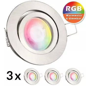 Набор из 3 встраиваемых точечных светильников со светодиодами RGB, очень плоские, матового серебра со светодиодами 3 Вт от LEDANDO - 11 цветов + теплый белый - включая пульт дистанционного управления - с регулируемой яркостью