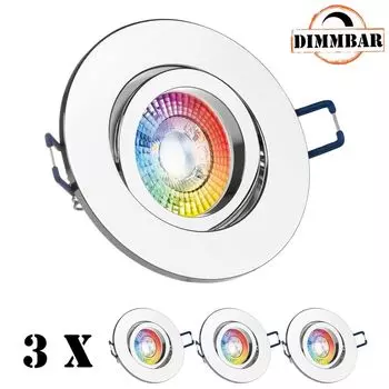 Набор из 3 встраиваемых точечных светильников со светодиодами RGB, очень плоские, хромированные, со светодиодами LEDANDO мощностью 3 Вт - 11 цветов + холодный белый - вкл. пульт дистанционного управления - с регулируемой яркостью - круглые., серебро