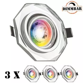 Набор из 3 встраиваемых точечных светильников RGB LED GU10 из стекла/кристалла со светодиодами мощностью 3 Вт от LEDANDO - 11 цветов + холодный белый - вкл. пульт дистанционного управления - с регулируемой яркостью - квадратный., серебро