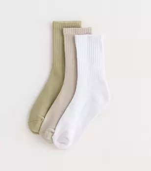 Набор из 3 зелено-белых и каменных носков-трубочек в рубчик New Look, белый