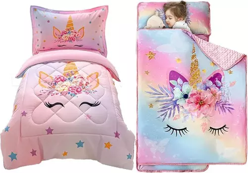 Набор из 4 предметов: комплект постельного белья для малышей с розовым единорогом и звездами и коврики для сна для малышей с радужным единорогом для детского сада VIVILINEN