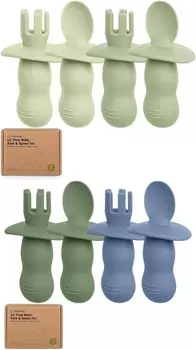 Набор из 4 силиконовых детских ложек и вилок Keababies — детская ложка для самостоятельного кормления