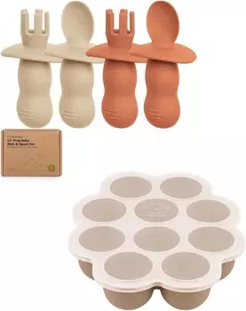 Набор из 4 силиконовых детских ложек и вилок Keababies и силиконовый лоток для замораживания детского питания с пристегивающейся крышкой — детская ложка для самостоятельного кормления