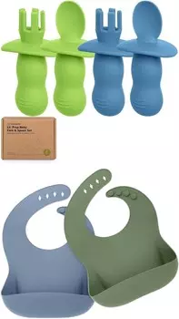 Набор из 4 силиконовых детских ложек и вилок Keababies и набор из 2 детских силиконовых нагрудников — детская ложка для самостоятельного кормления