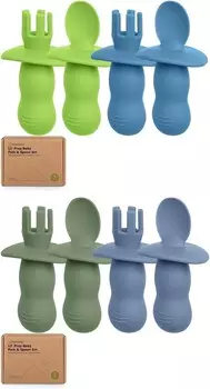 Набор из 4 силиконовых детских ложек и вилок Keababies — детская ложка для самостоятельного кормления