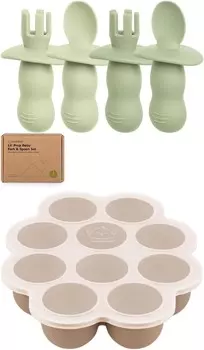 Набор из 4 силиконовых детских ложек и вилок Keababies и силиконовый лоток для замораживания детского питания с пристегивающейся крышкой — детская ложка для самостоятельного кормления
