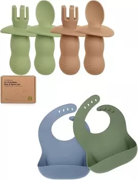 Набор из 4 силиконовых детских ложек и вилок Keababies и набор из 2 детских силиконовых нагрудников — детская ложка для самостоятельного кормления