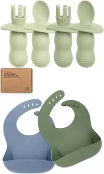 Набор из 4 силиконовых детских ложек и вилок Keababies и набор из 2 детских силиконовых нагрудников — детская ложка для самостоятельного кормления