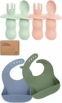 Набор из 4 силиконовых детских ложек и вилок Keababies и набор из 2 детских силиконовых нагрудников — детская ложка для самостоятельного кормления