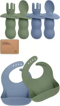 Набор из 4 силиконовых детских ложек и вилок Keababies и набор из 2 детских силиконовых нагрудников — детская ложка для самостоятельного кормления