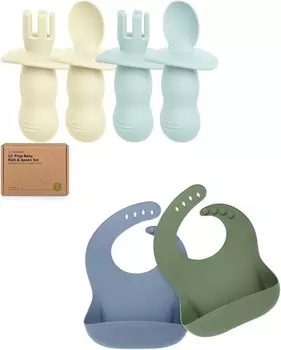 Набор из 4 силиконовых детских ложек и вилок Keababies и набор из 2 детских силиконовых нагрудников — детская ложка для самостоятельного кормления