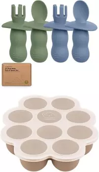 Набор из 4 силиконовых детских ложек и вилок Keababies и силиконовый лоток для замораживания детского питания с пристегивающейся крышкой — детская ложка для самостоятельного кормления