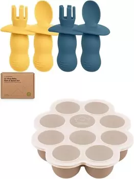 Набор из 4 силиконовых детских ложек и вилок Keababies и силиконовый лоток для замораживания детского питания с пристегивающейся крышкой — детская ложка для самостоятельного кормления