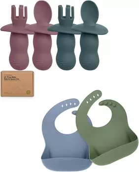 Набор из 4 силиконовых детских ложек и вилок Keababies и набор из 2 детских силиконовых нагрудников — детская ложка для самостоятельного кормления