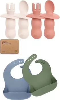 Набор из 4 силиконовых детских ложек и вилок Keababies и набор из 2 детских силиконовых нагрудников — детская ложка для самостоятельного кормления