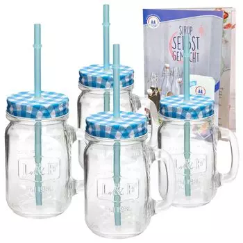Набор из 4 стеклянных стаканов с ручкой, крышкой и соломинкой, включая буклет с рецептами - синяя клетка - стакан для питья 0,5 л/стакан с рельефом - для соков, смузи и других безалкогольных напитков HIT Trading, белый