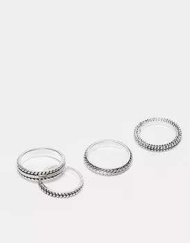 Набор из 4 тонких серебряных колец с тиснением ASOS DESIGN