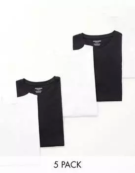 Набор из 5 черных и белых удлиненных футболок Jack & Jones с закругленным краем