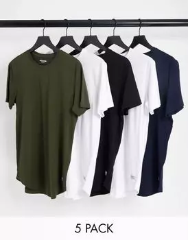 Набор из 5 удлиненных футболок Jack & Jones различных цветов с закругленными краями