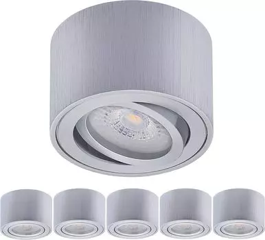 Набор из 6 накладных алюминиевых точечных светильников Oktaplex, плоских и поворотных, включая светодиодный модуль 2700K, теплый белый, накладной светильник из матового алюминия., серебро