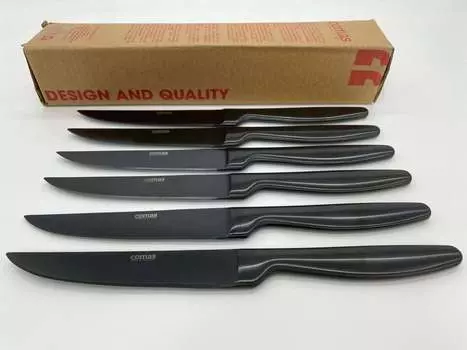 Набор из 6 ножей для стейка Comas, столовые приборы для стейка, столовые приборы для барбекю, набор ножей, нож для пиццы, элегантная ручка, нержавеющая сталь K6 BOJ, сатинированный черный матовый PVD металл, можно мыть в посудомоечной машине