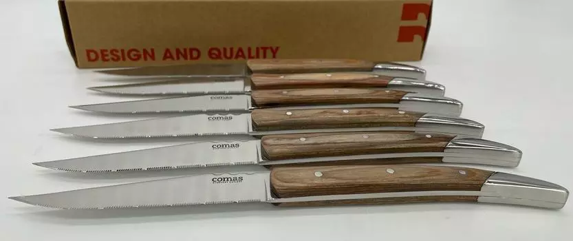 Набор из 6 ножей для стейка Comas, деревянная ручка, столовые приборы из нержавеющей стали, столовые приборы для стейка, гриль, столовые ножи, набор ножей, нож для пиццы, Николас