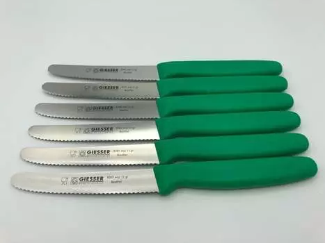 Набор из 6 ножей Giesser для булочек, ножей для томатов, кухонных ножей, лезвие с зубчатым краем 3 мм, 11 см - зеленый GIESSER MESSER
