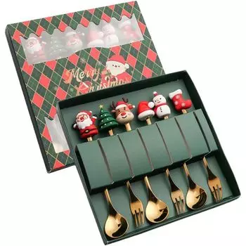 Набор из 6 рождественских ложек, столовая посуда из нержавеющей стали, десертная вилка, ложка, посуда для украшения рождественской вечеринки, стиль: B Qugou GmbH