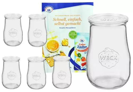 Набор из 6 стаканов Weck Стаканы-тюльпаны объемом 1750 мл с 6 стеклянными крышками, включая буклет с волшебными рецептами с алмазным желированием MamboCat