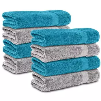Набор из 8 полотенец для душа Komfortec размером 70х140 см, 100% хлопок, 470 г/м, махровая ткань, мягкая, серебристо-серый/бирюзовый.