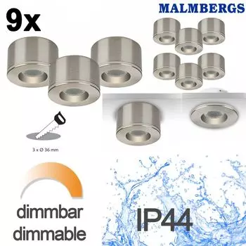 Набор из 9 светодиодных прожекторов для установки и поверхностной регулировки яркости, алюминий IP44 36 мм MD-29 Malmbergs, серебро