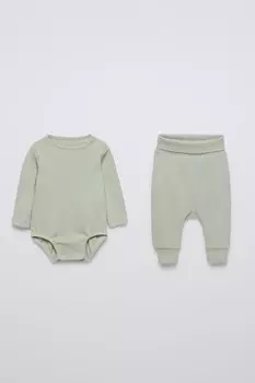 Набор из боди в рубчик и леггинсов ZARA, светло-зеленый
