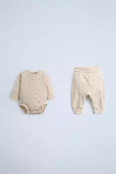 Набор из боди в рубчик в горошек и леггинсов ZARA, экрю