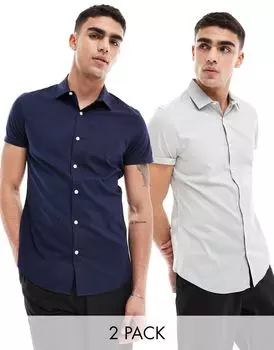 Набор из двух эластичных рубашек узкого кроя ASOS DESIGN темно-синего и серого цвета