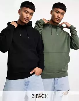 Набор из двух черных/зеленых объемных худи ASOS