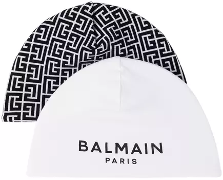 Набор из двух детских черно-белых шапочек с логотипом Balmain