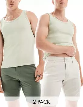 Набор из двух облегающих шорт чинос стандартной длины ASOS DESIGN шалфейного и каменного цвета